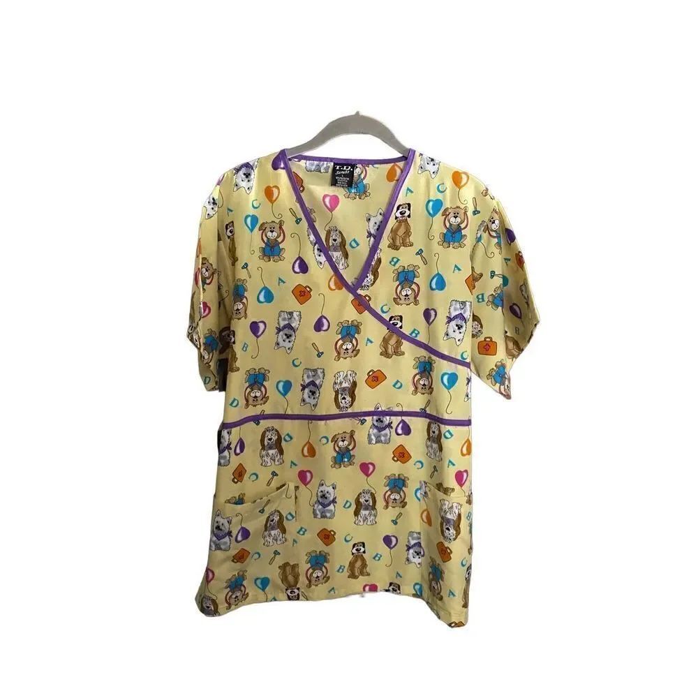  TD scrubs, women’s yellow dog print scrub top size large